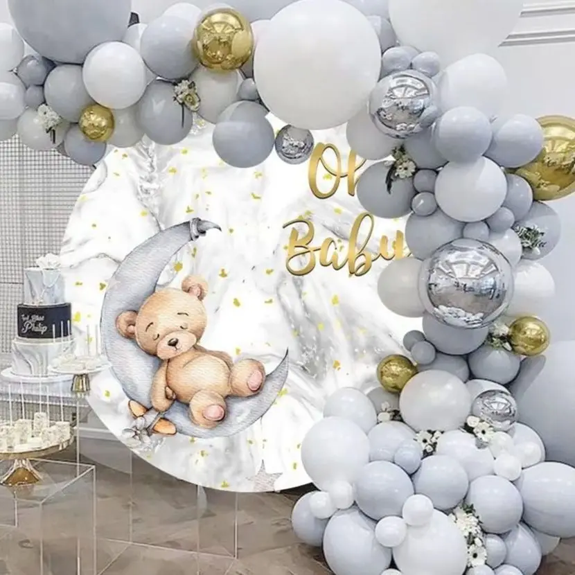 Bear Round Baby Shower Photo Background Hot Air Balloon Newborn 1st Birthday Party Polyester Circle Backdrop Photography Props