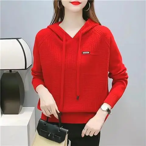 Simplicity Commuter Versatile Women\'s Clothing Autumn and Winter New Thread Drawstring Long Sleeve Solid Color Hooded Sweater