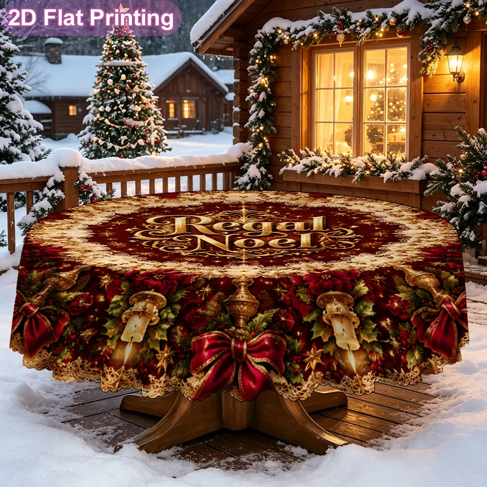 2D flat single piece festive round tablecloth with Royal Knoll Christmas wreath design