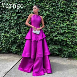 Verngo Purple Satin Prom Gowns  Women Halter A Line Party Dress Simple Tiered Evening Dress Floor Length Prom Dress Customized