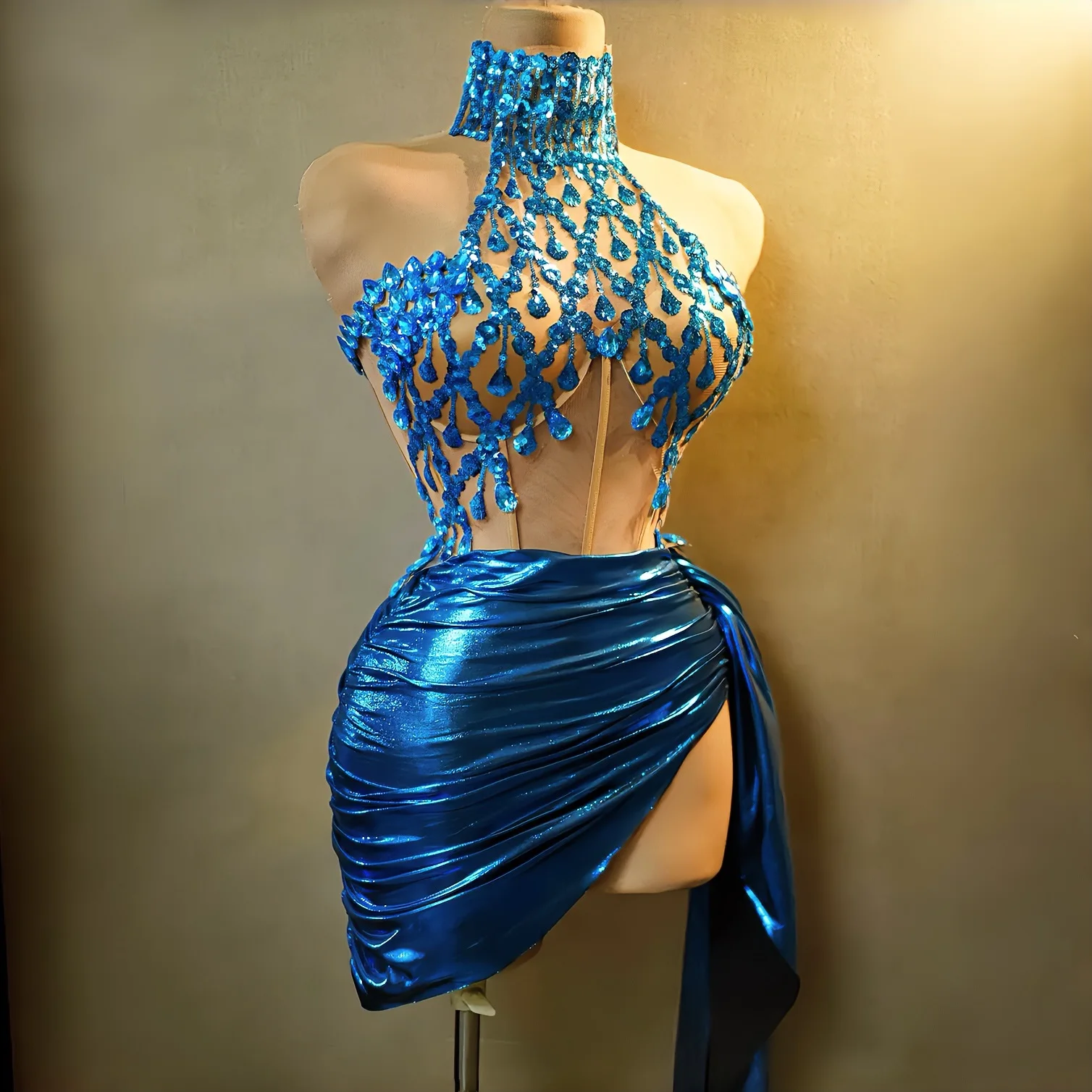 

New Arrival Blue Color Shinning Sequins Bodycon Mini Dress Women Sexy Halter Laced-up Nightclub Party Celebrate Birthday Dress