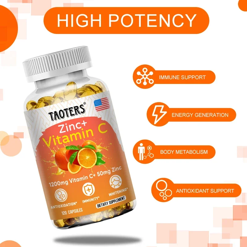 Vitamin C 1200 mg and Zinc 50 mg - Antioxidant, Skin, Immune Support Vitamin C as Ascorbic Acid