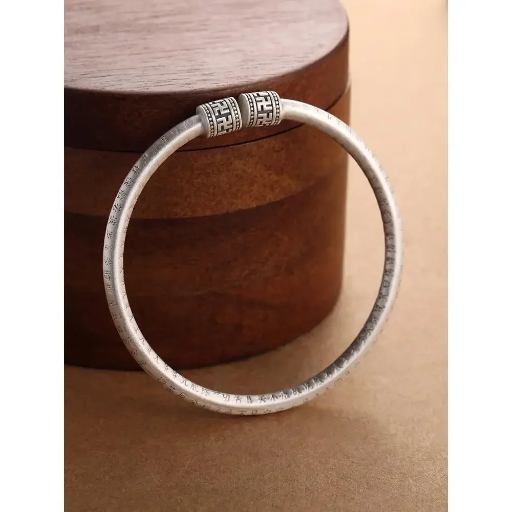 999 Sterling Silver Heart Sutra Bracelet Female Scripture Retro Chinese Hand Ornaments Open Solid Ancient Foot Silver Bangle