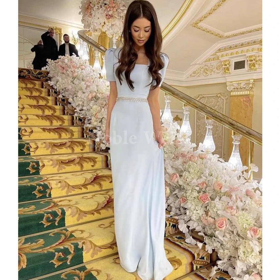 

Square Collar Satin Evening Dresses Mermaid Party Prom Dresses with Short Sleeves Customize