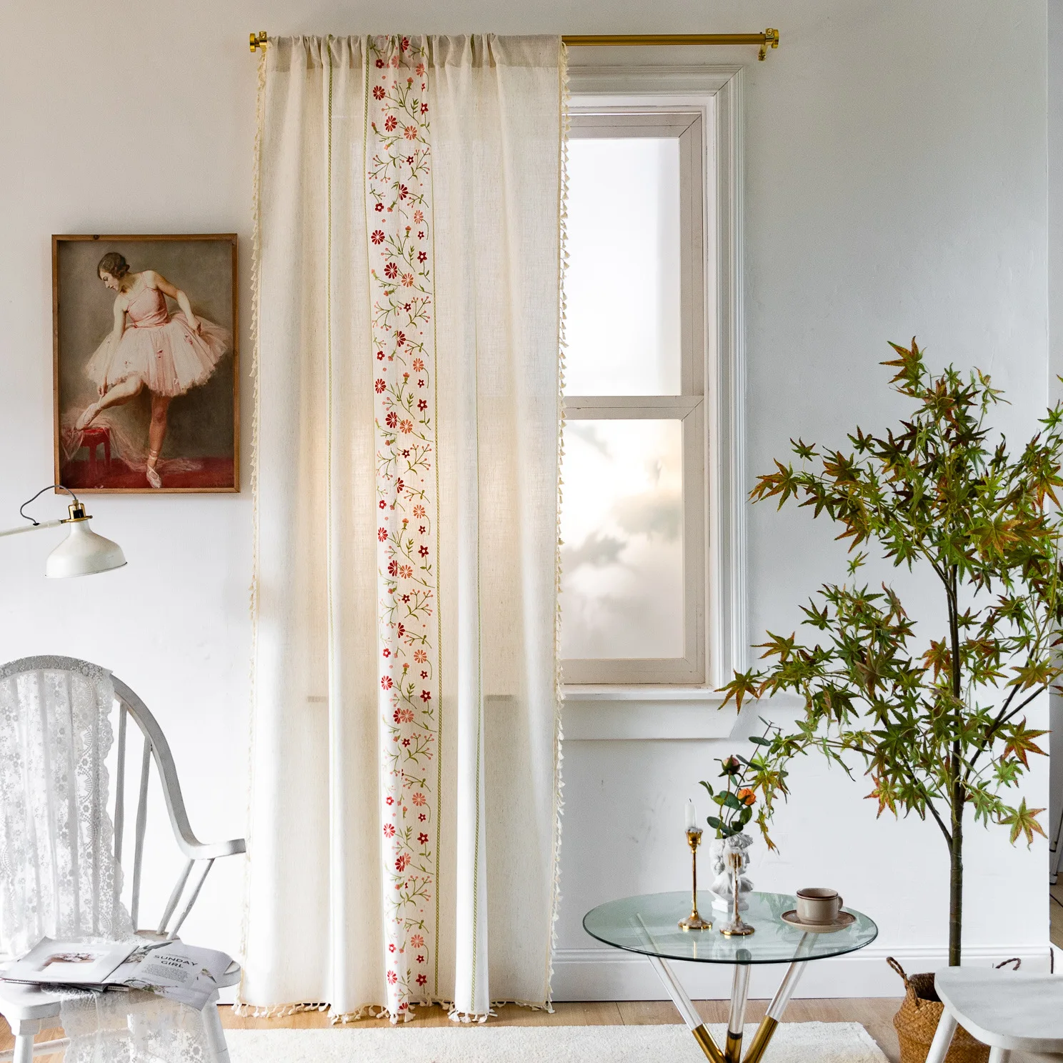 Boho Floral Curtains, Bohemian Country Farmhouse Window Treatment Cotton Linen Drape with Tassels for Bedroom, Rod Pocket
