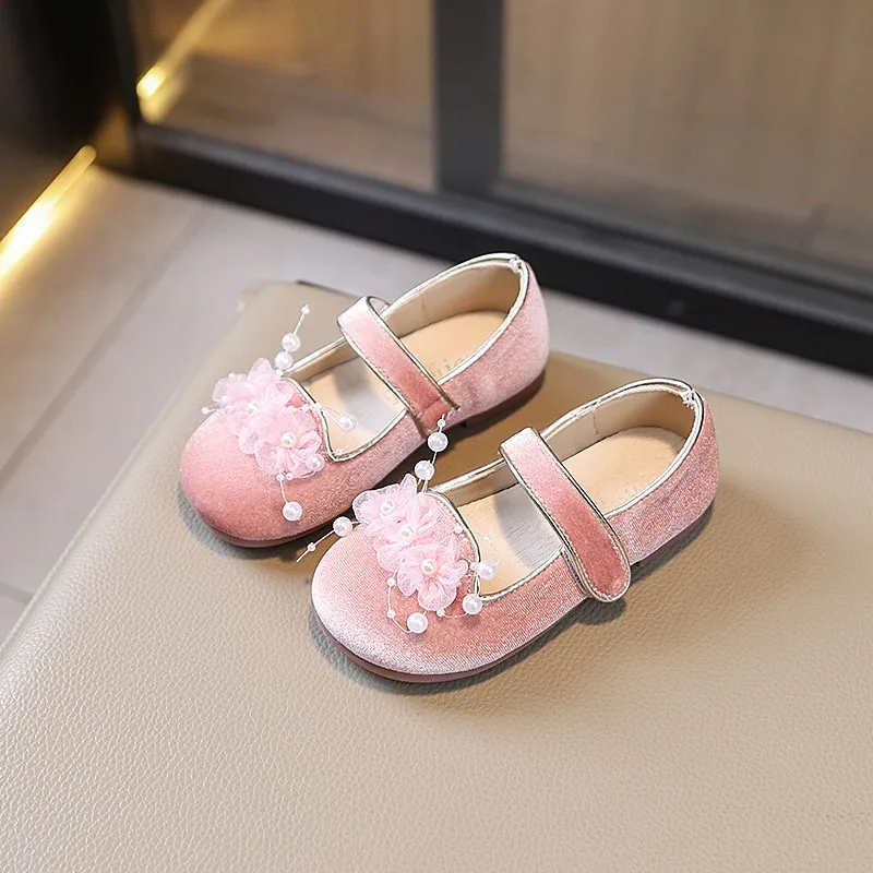 Unishuni Princess Party Dress Shoes Girls Ballet Dance Shoe Children Velvet Gloss Mary Janes with Flower Design Black Pink Flats