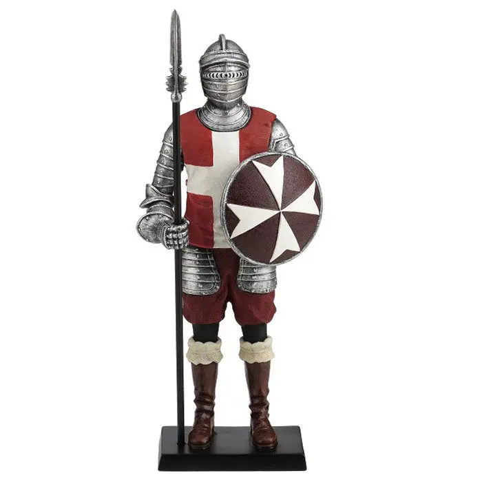 Medieval Maltese Crusader Knight Resin Figurine Standing Armored Warrior with Spear and Shield Home Office Desktkop Decoration