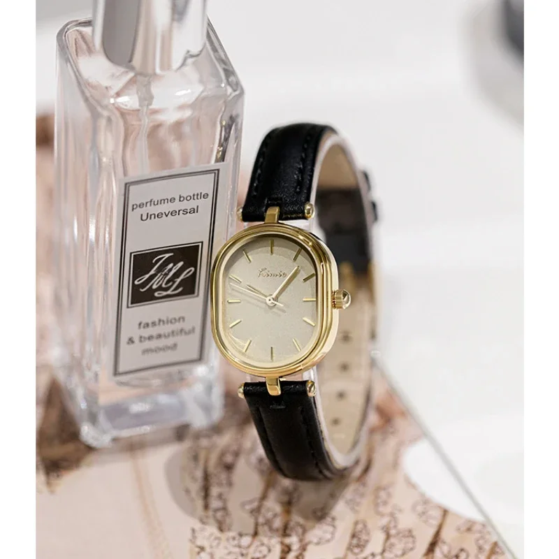 Relojes pequeños negros para mujer, relojes de pulsera de cuero Vintage para mujer, reloj de pulsera de cuarzo femenino Retro, reloj de vestir de