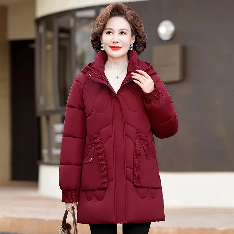 Womens Down Cotton Coat 2024 Winter Cotton-padded Parkas Female Warm Hooded Puffer Parkas Mother Clothing Cotton Overcoat Coats