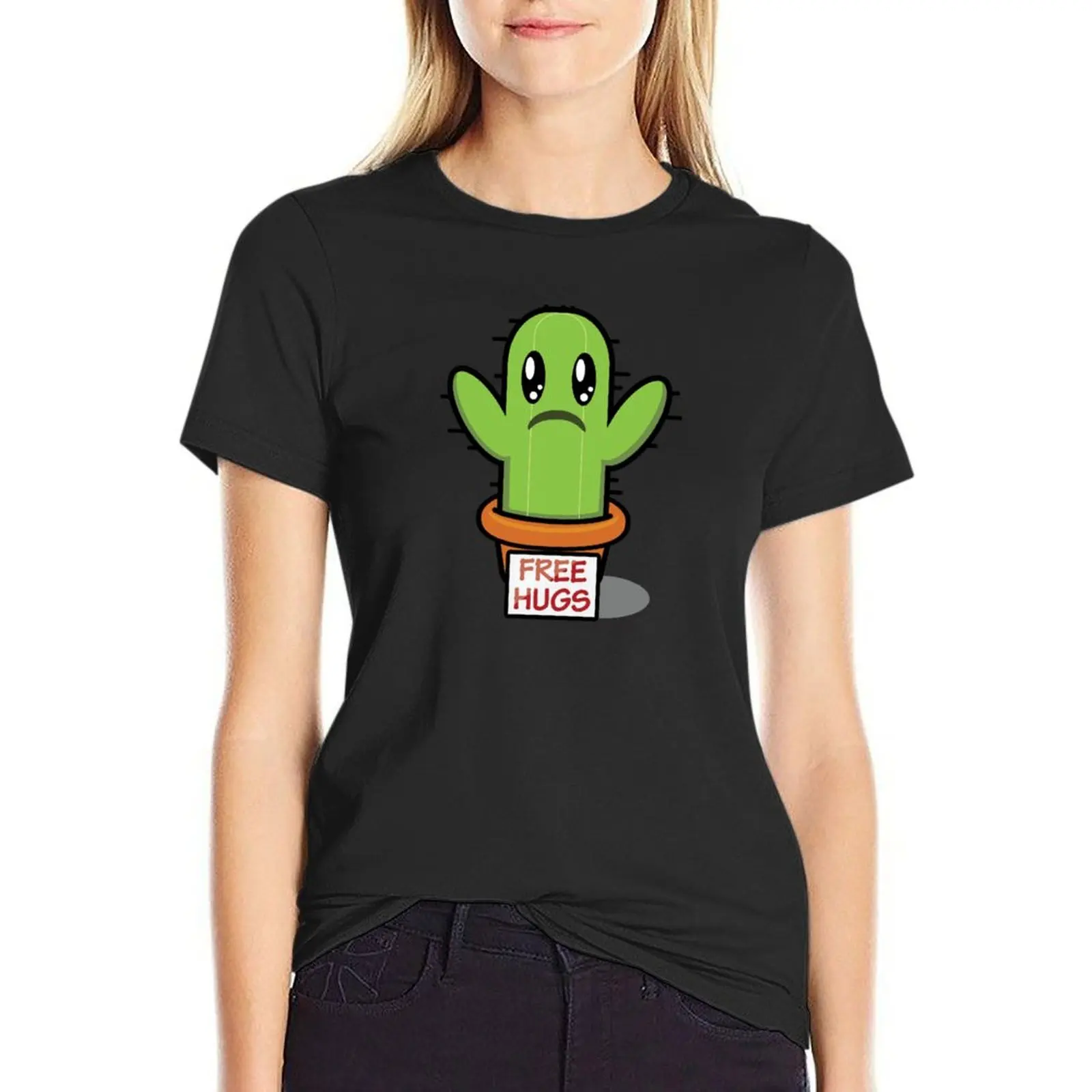 Livre Abraços-Sorrindo T-shirt do cacto para mulheres, roupa lisa do anime, blusa