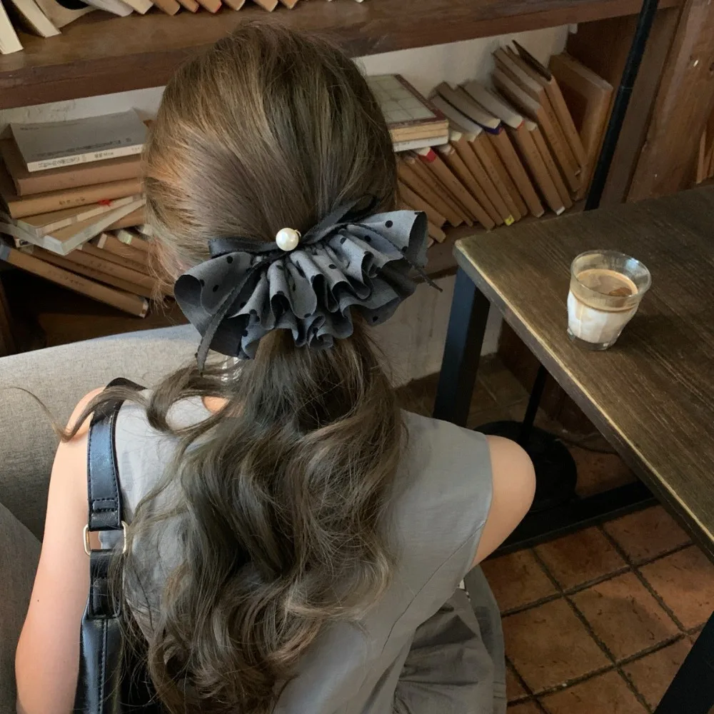 Grey Polka Dot Hair Clip with Pleated Skirt Bow Design Spring Clamp Non Slip Hairpin for Women Girls Daily Office Party Retro