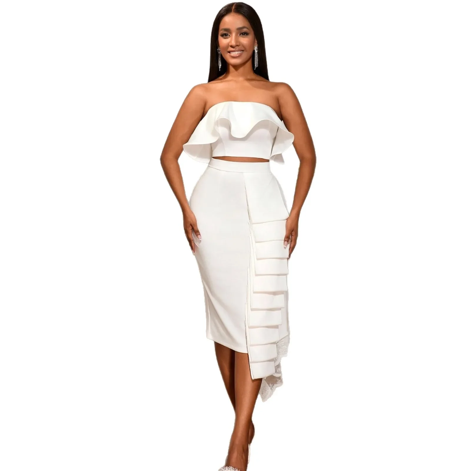 

White Dress Sets Strapless Ruffled Crop Top Asymmetric Ruffle Trimmed Midi Skirt Elegant for Party Evening Formal Occasions