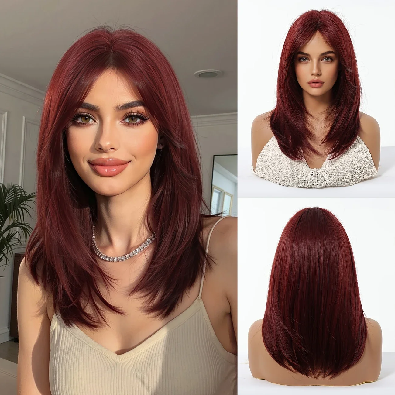 Allbell Magique Medium Length Straight Synthetic Wig Natural Layered Red Hair with Side Bangs Heat Resistant Fiber for Women