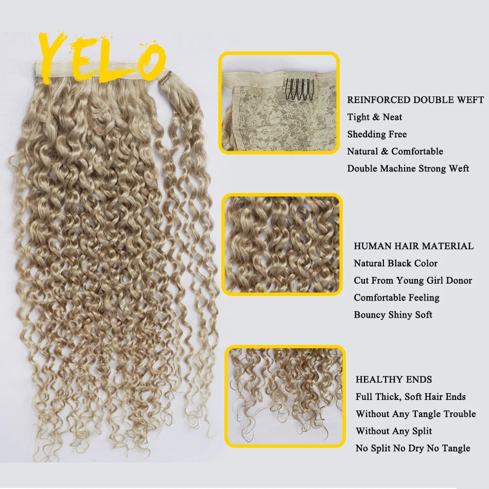 YELO Brazilian Water Wave Ponytail 100% Human Hair For Women Wrap Around Remy Hair Extensions Clip Ins Curly Hair Natural Color image 2