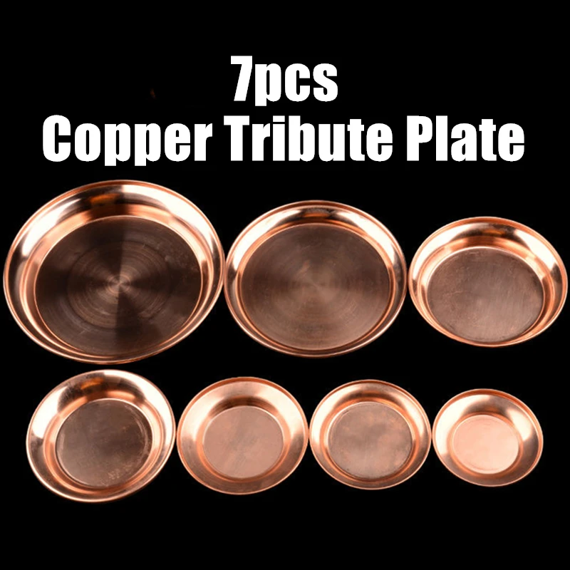 7pcs Pure Copper Tribute Plate Brass Auspicious Luster Tibetan Plate Collection Buddhist Fruit Saucer Home's Gift Decorative