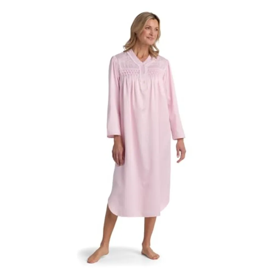 Miss Elaine Long Nightgown, Brushed Back Satin, Long Sleeves and Button Top, Neckline Details, Sleepwear and Loungewear