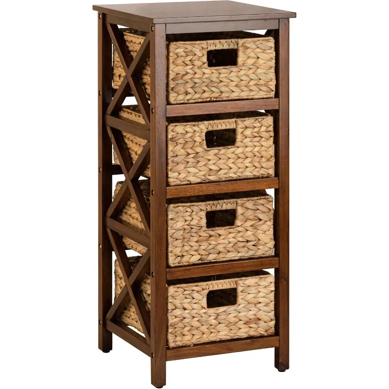 

4 Tier X-Side End Storage Cabinet with 4 Wicker Baskets, Walnut