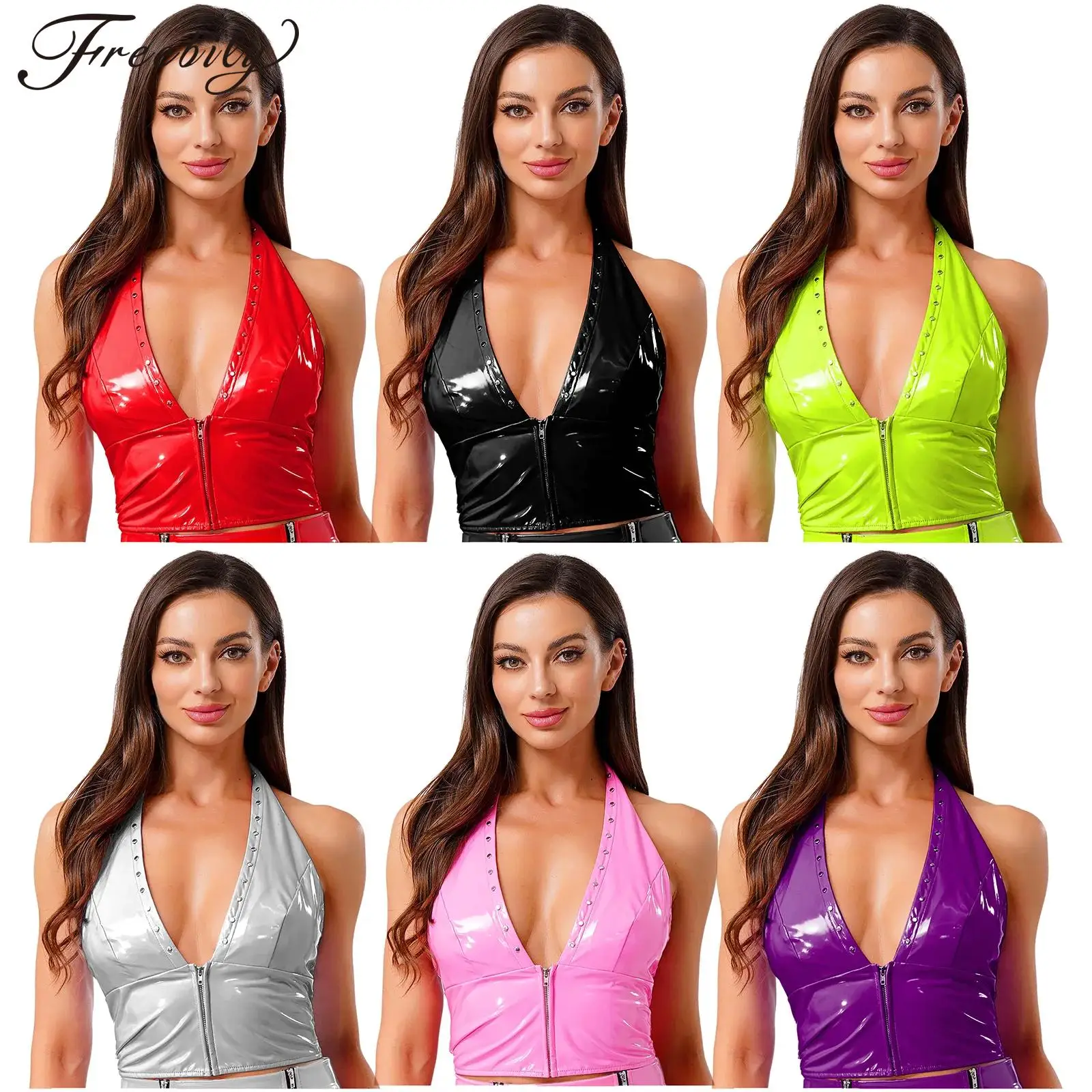

Женский блестящий металлический укороченный топ с лямкой на шее, декор в стиле панк, блузка на молнии спереди с мокрым эффектом, вечерние клубная одежда