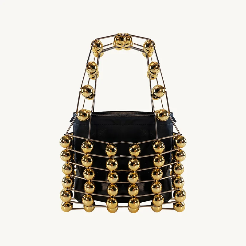 

Summer 2025 New Hand-woven Pearl Clutch Purse Luxury Design Women's Small Hollow Out Gold Metal Wedding Party Handbag Female