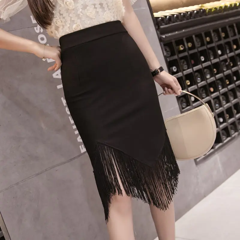 

Korean Fashion Tassel Splicing Asymmetrical Knee Skirts Woman Clothing 2023 Summer New Office Lady Elegant Commute Bag Hip Skirt