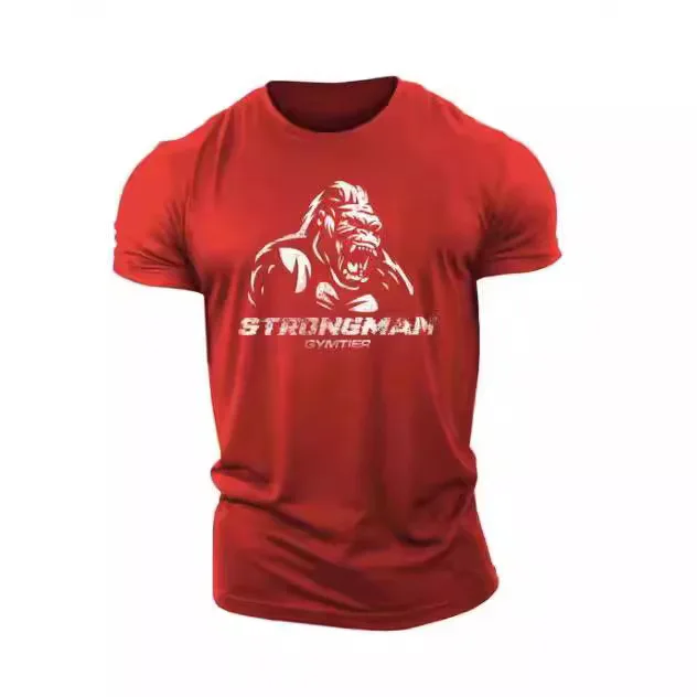 

Men’s Fitness T-shirt Strongman Gymmer Red Short Sleeve Gorilla Design Workout Gym Top Casual Wear