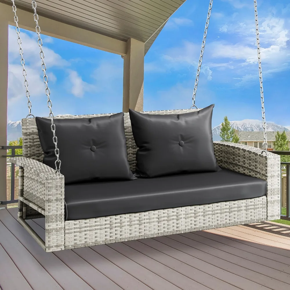 

Wicker Hanging Porch Swing Chair Rattan Patio Lounger 2-Seat Padded