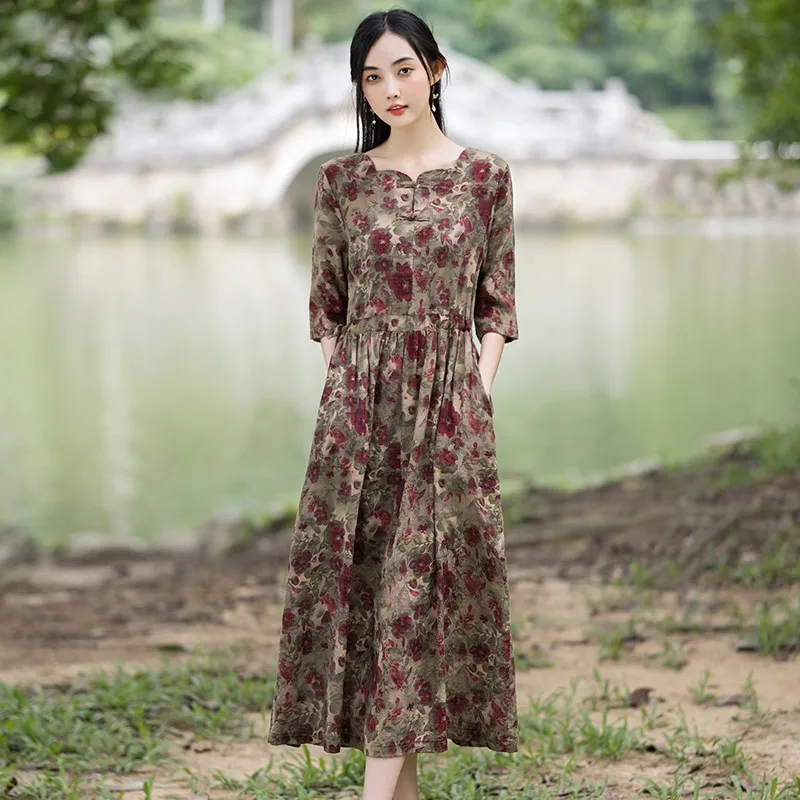 

Ladies Elegant A-line Dress New Arrival 2024 Autumn Chinese Style Vintage Floral Print Loose Female Casual Long Dresses B3958