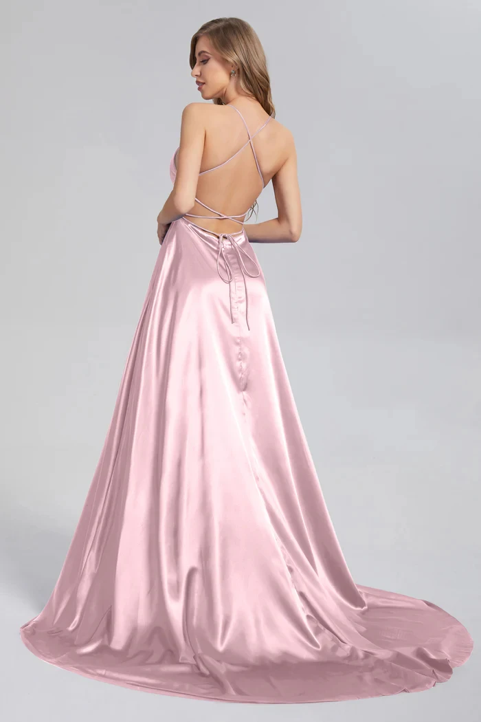 BABYONLINE Prom Dress Satin A-line Gown with Strappy Lace Up Back and High Skirt Slit Floor Length Wedding Bridesmaid Dresses