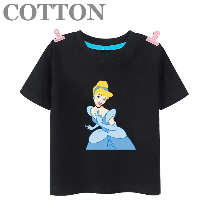 Disney Elegant Cinderella Princess Anime Summer Fashion Cotton Children\'s Cartoon T-shirt Round Neck Casual Short Sleeve Print