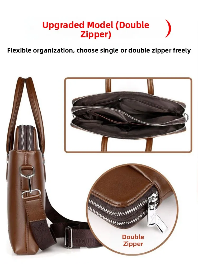 

High Capaci Leather Briease for Men Casual Busin Handbag oulder Bag File Bag Trendy Double Zipper Top Handle Bag