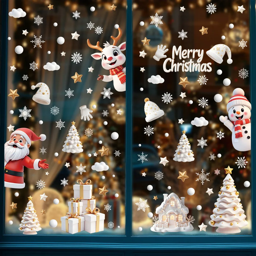 Merry Christmas Static Window Sticker Snowman Christmas Tree Decorative Glass Sticker Home Decoration Accessories