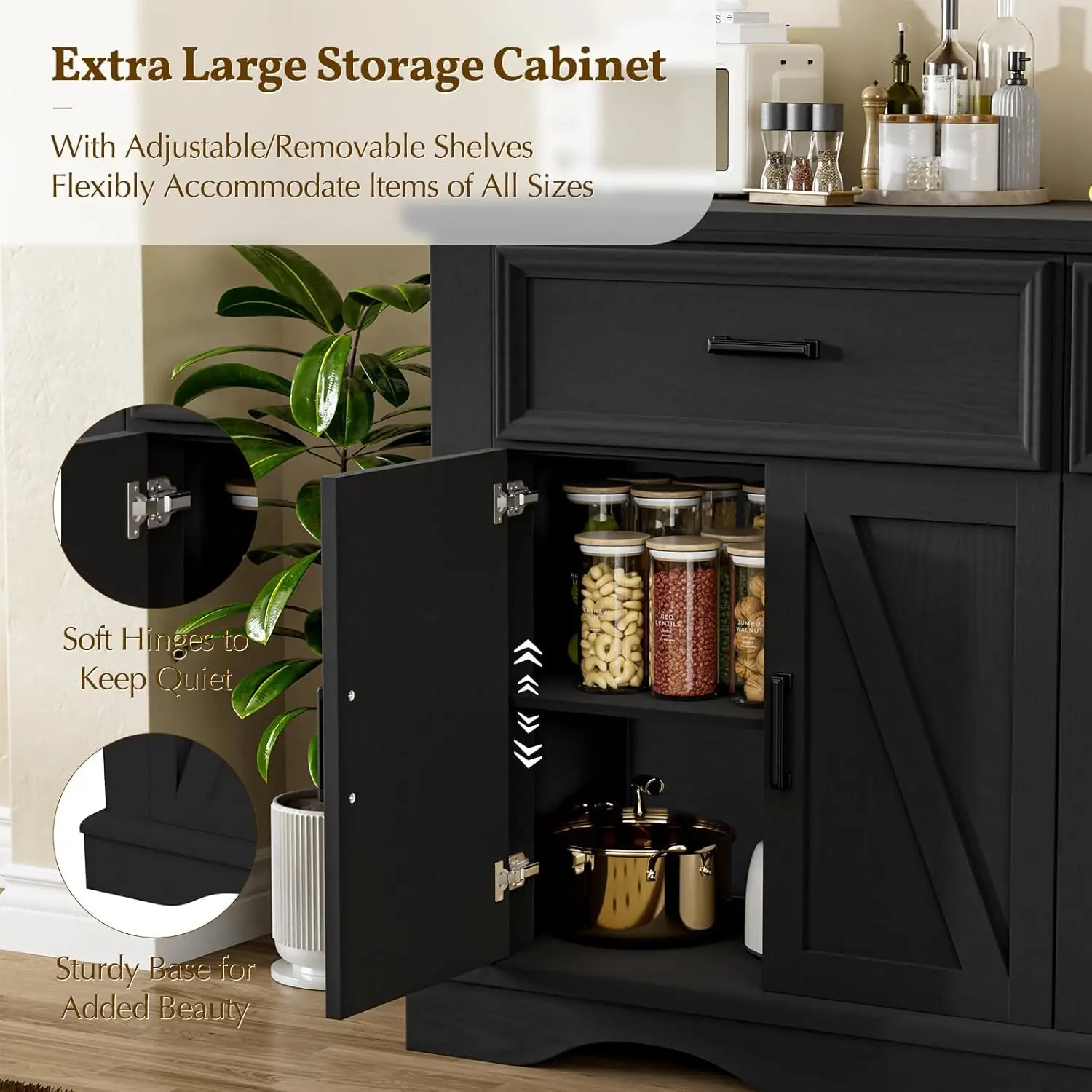 خزانة بوفيه خشبية مقاس 56 بوصة مع مساحة تخزين، وبار القهوة والنبيذ الحديث، وقاعدة مموجة، ومحطة شحن، باللون الأسود #6