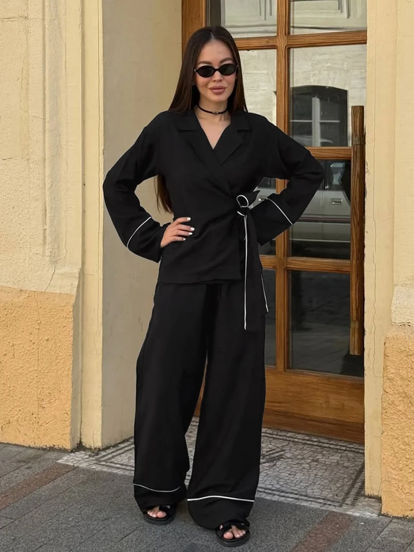 

Marthaqiqi Spirng Women Sleepwear Suit Long Sleeve Nightgowns Lace Up Nightie Turn-Down Collar Pajama Pants Ladies Nightwear Set