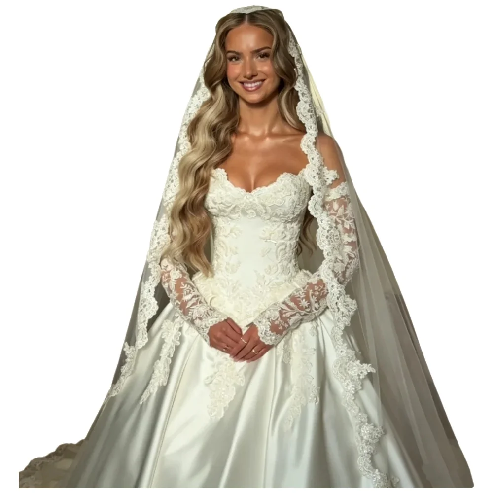 Schulterfreies Langarm-Spitzen-Satin-Hochzeitskleid, Ballkleid, Brautkleid, Vestido De Novia, Maßgeschneidertes Plus-Size-Kleid mit Kapellenschleppe