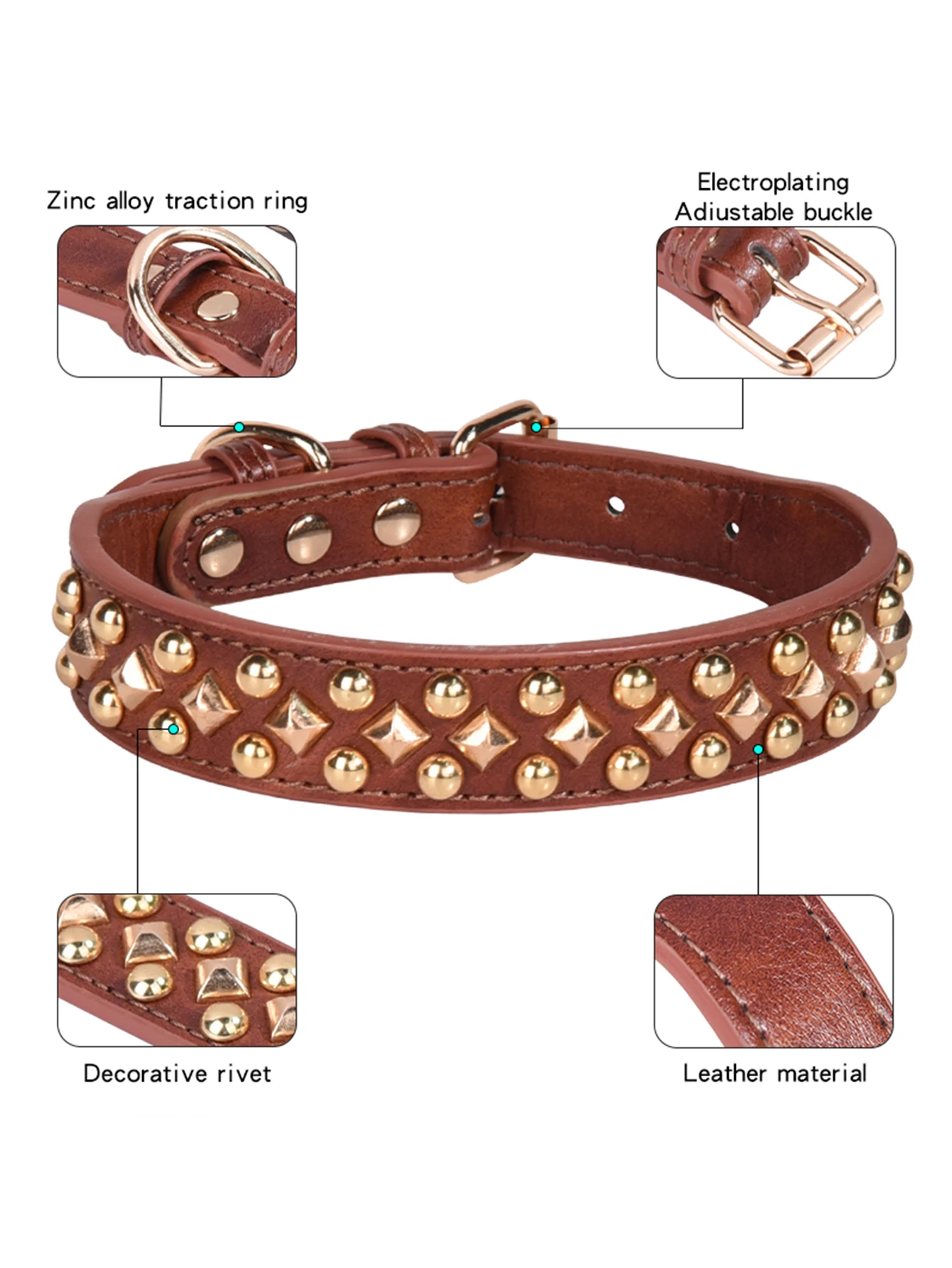 CP434 Rivet Leather Collar , Golden Rivet Decoration Pet dog Collar , Apply to Small Medium Large Dogs ,Retro style collar.