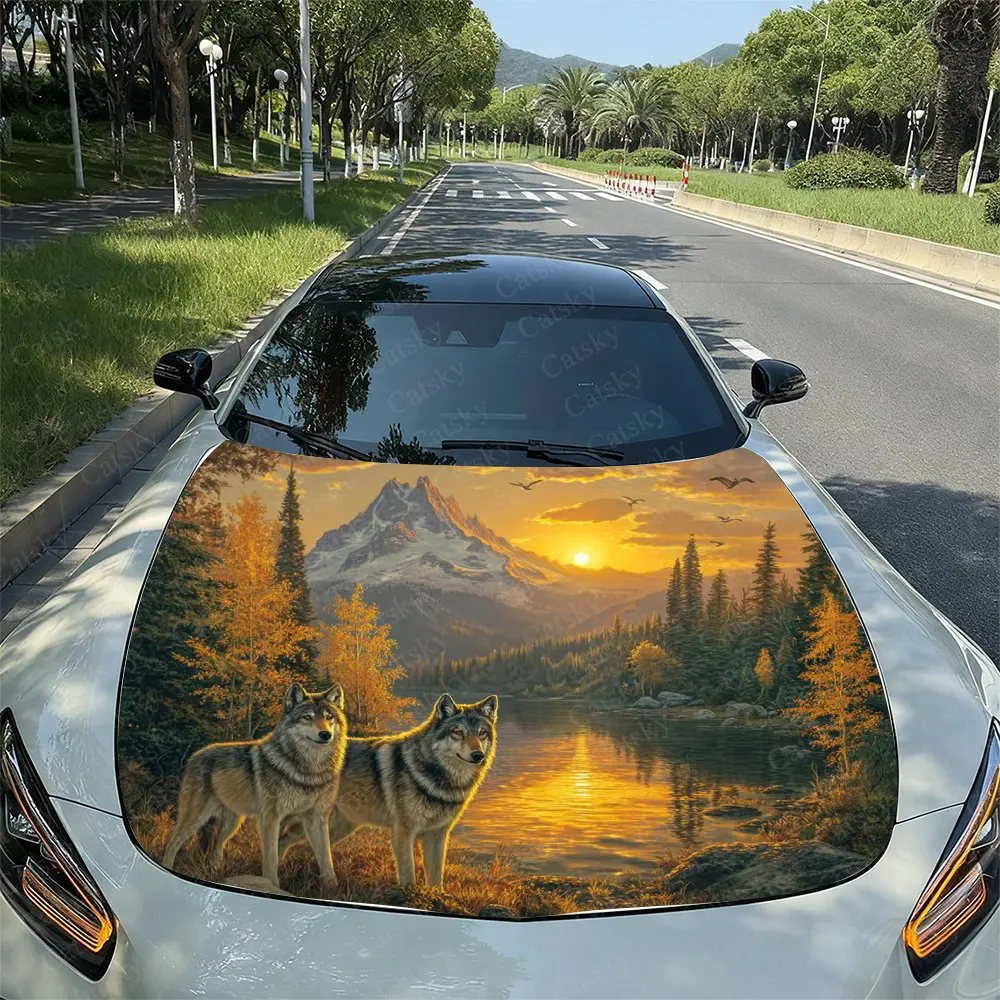 

Наклейка на капот с принтом «Волка осеннего озера» — материал ПВХ, виниловая наклейка на кузов гоночного автомобиля, внешняя модификация, украшение для