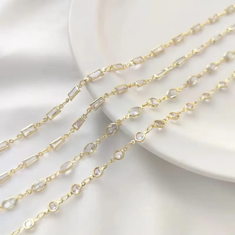 14K gold wrapped geometric round oval heart shaped pentagram zircon chain hand diy jewelry loose chain