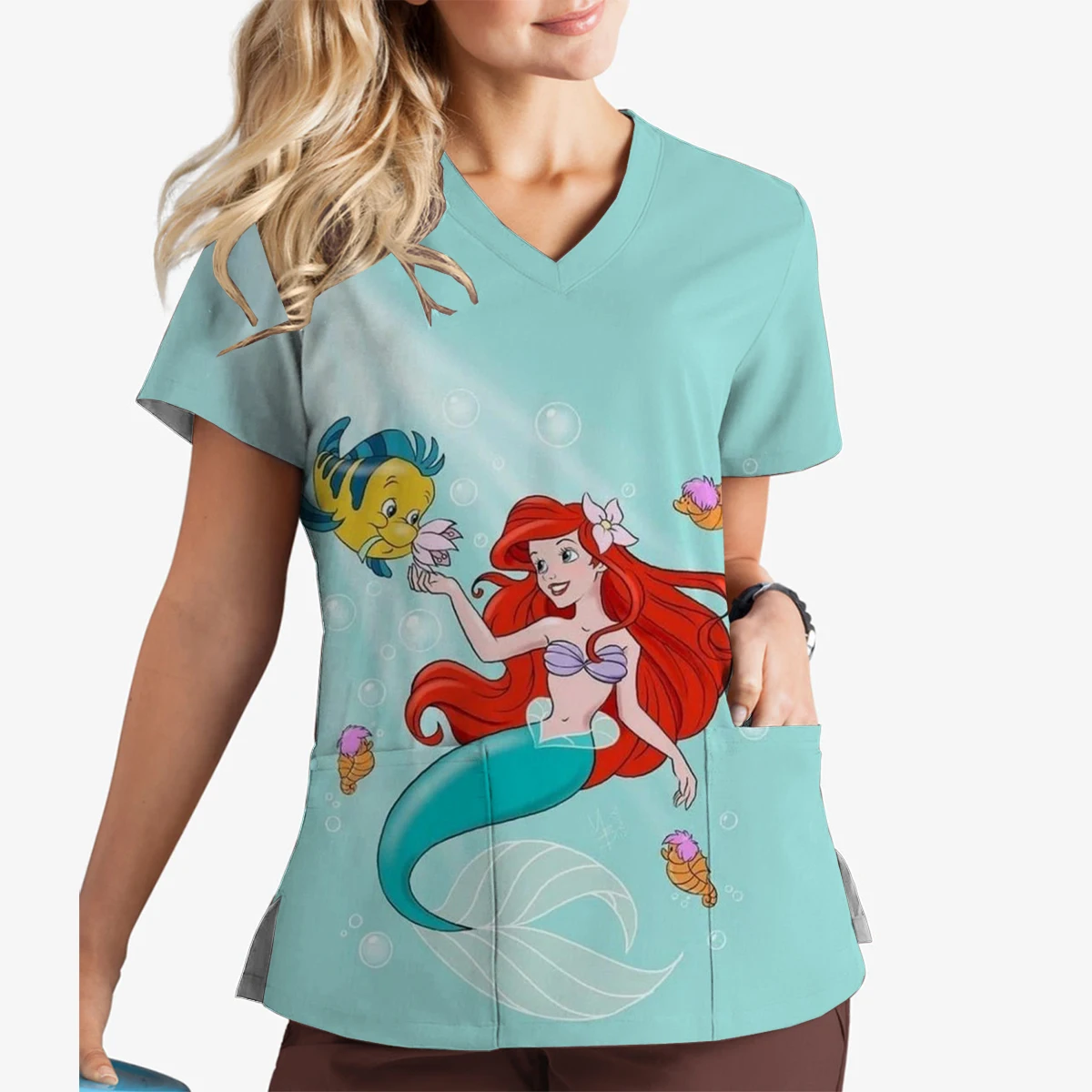 

Новые женские топы-скрабы, одежда, медицинские топы с v-образным вырезом, рабочая одежда с принтом принцессы-русалки Диснея Ариэль, женская одежда, футболка