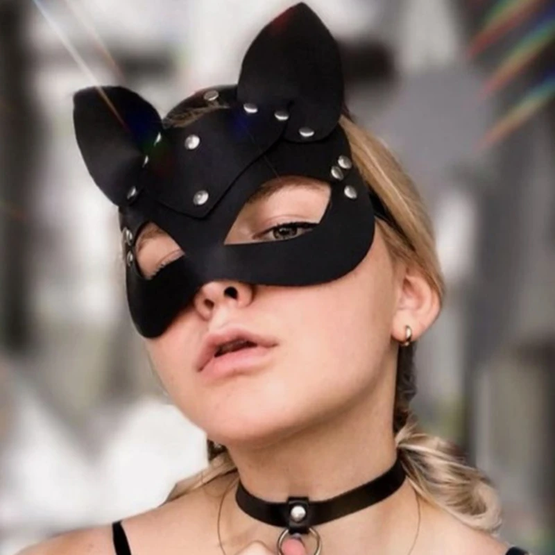 Máscara Sexy para mujer, medio ojos, cara de gato, máscara de piel sintética para fiesta de Halloween, máscara de gato divertida de cuero para mujer, juguetes negros para adultos