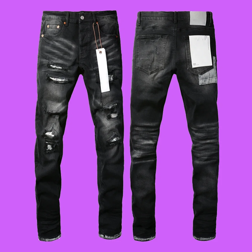 

New Fashion Purple roca jeans brand Men with high street distressed top quality black Repair Low Rise Skinny Denim Brand pants