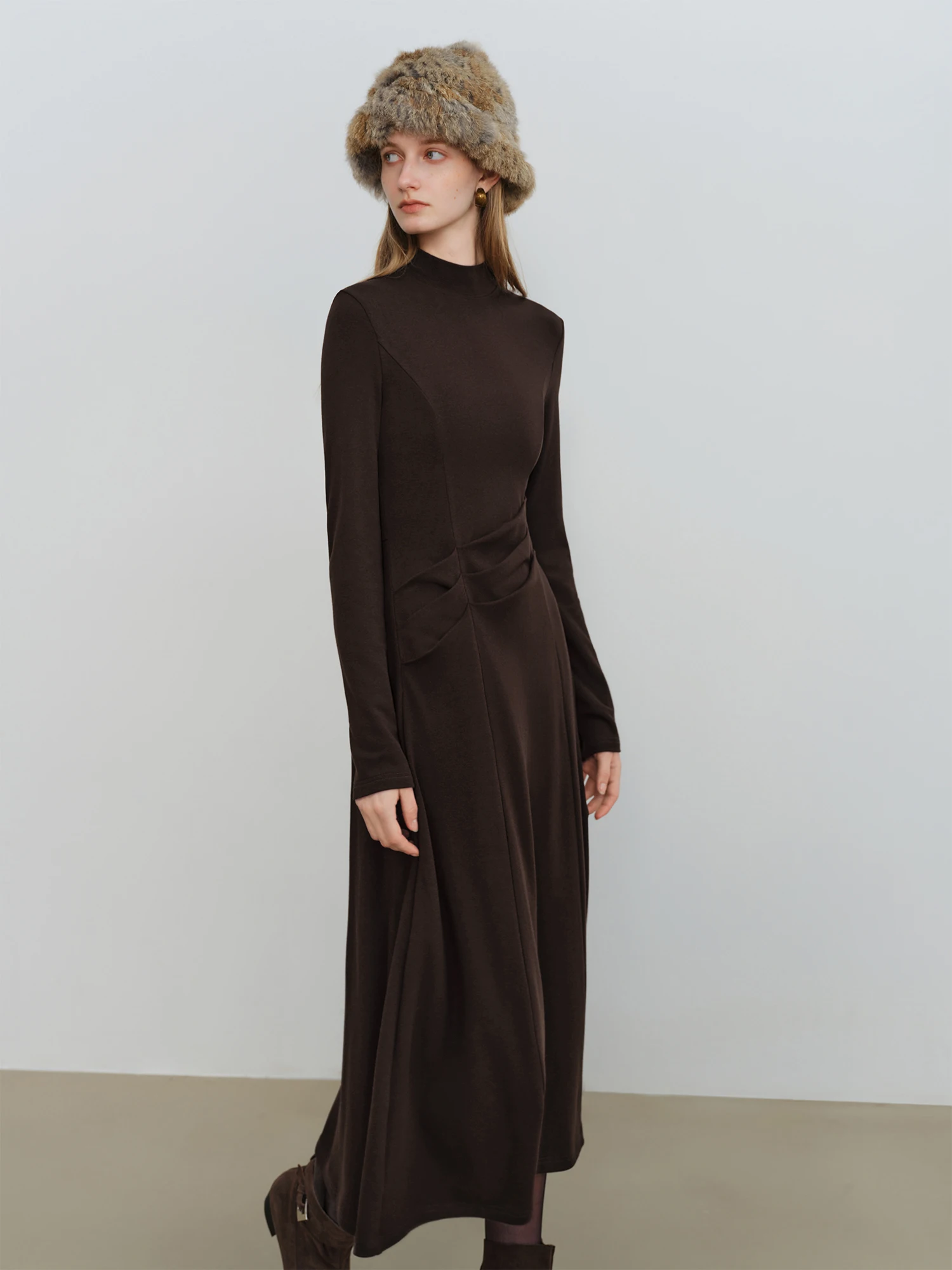 ZIQIAO 2025秋冬 レディース ウエストマーク マキシ丈ワンピース - クラシックブラック タイムレスシルエット 美しいフィット感 オフィス エレガント