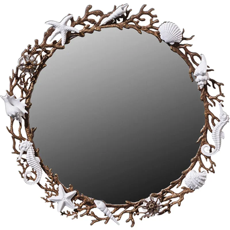 Home high-end wall decoration porch background wall hanging mirror round wall decoration engraving copper edge ocean world aisle