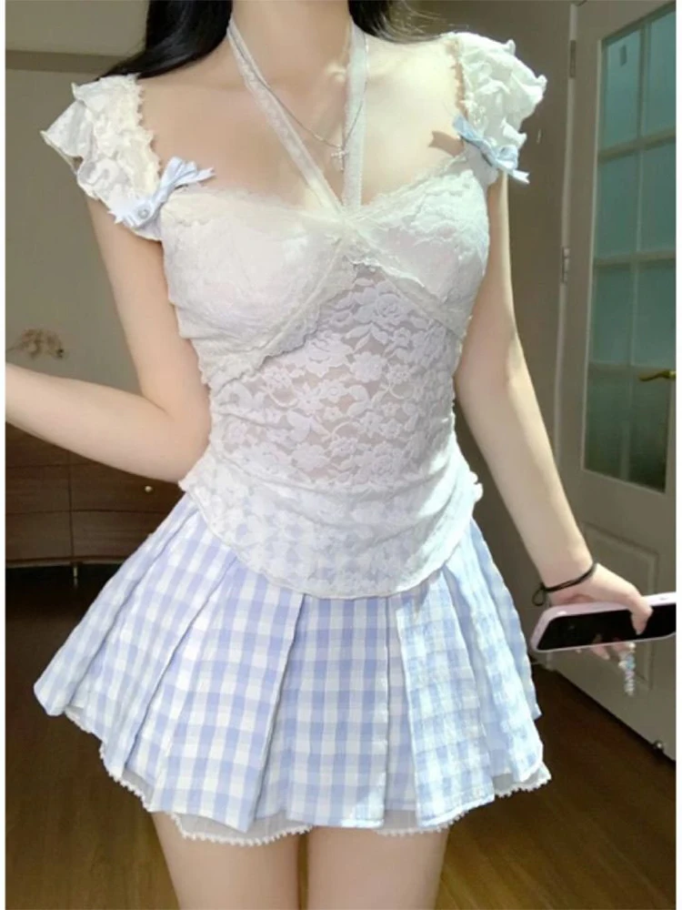 Sweet Sle Lace ter Svel Top And  Skirt Two Piece Set for Young Women Summer Faion Outfit V Ne Svel