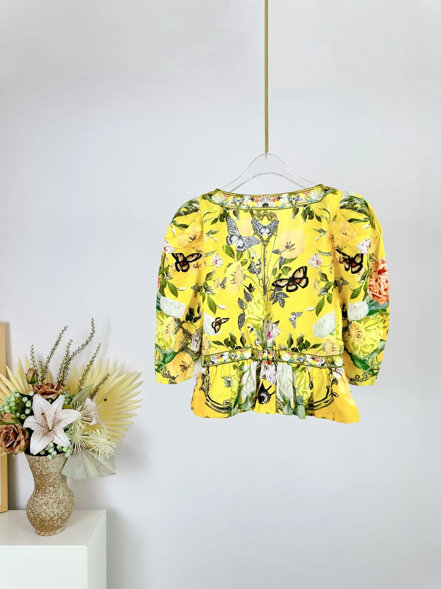 Women 100% Linen Yellow Flower Printed Half Sleeve V-Neck Beaded Blouse Or Shorts