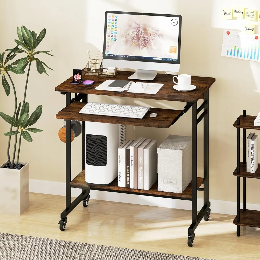 

Rolling Computer Desk Cart with Keyboard Tray, Mobile Portable Laptop PC Desk with CPU Stand & 3 Hooks for Sofa & Bed,