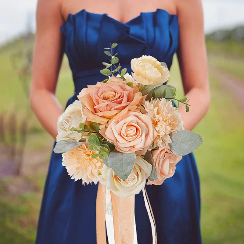 1 ramo de novia de boda, ramo de rosas de crisantemo simulado, flores artificiales, ramo de novia para dama de honor, boda en casa