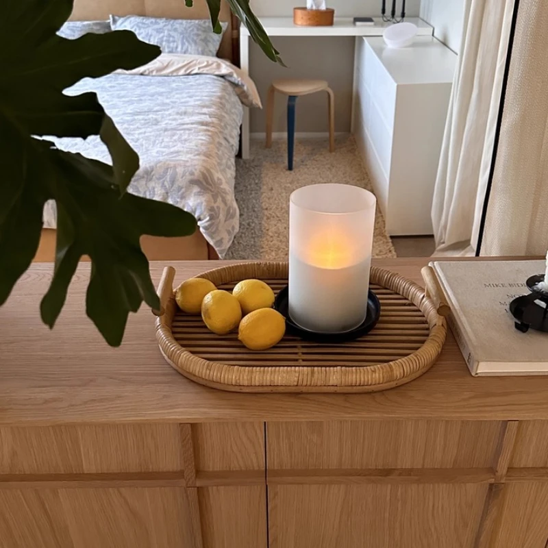 

Корзина для хранения из ротанга в стиле ретро, выдолбленный поднос для чая из ротанга, модель комнаты, декор для проживания в семье, украшения для ресторана, поднос для завтрака