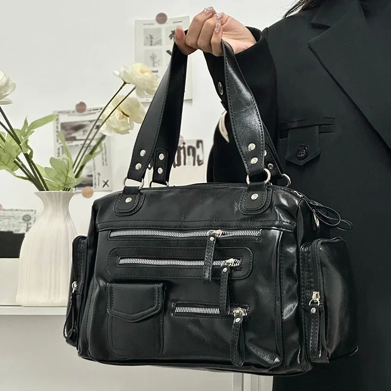 Retro Tote Bag PU Soft Motorcycle Bags Travel Zipper Pocket Fashion Crossbody Pack Outdoor Camping Hiking Weekend Satchel Women