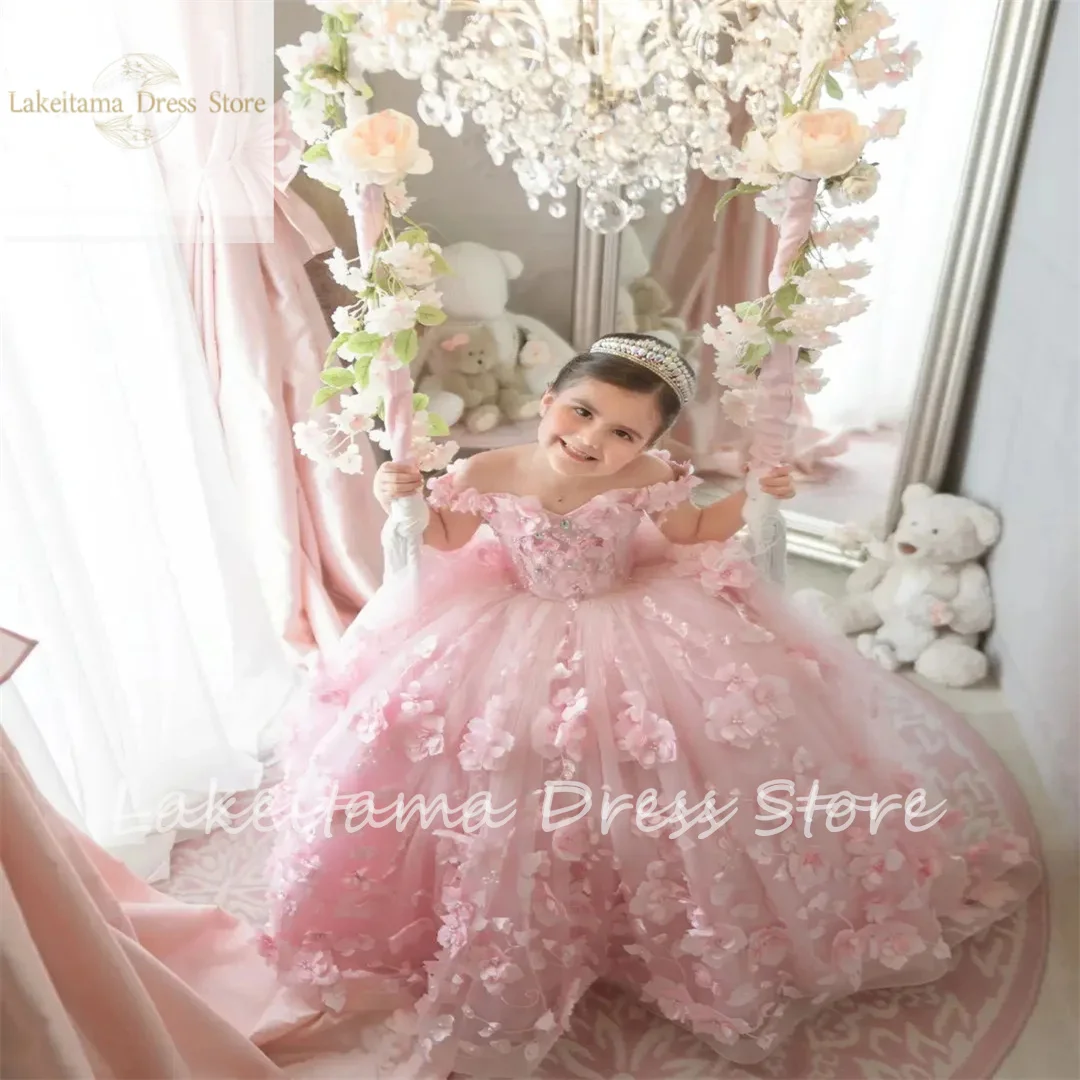 Puffy Tulle Flower Girl Dress For Wedding 3d Applique Luxury Pink Pearls Kids Birthday Party Princess Dress Ball Gowns