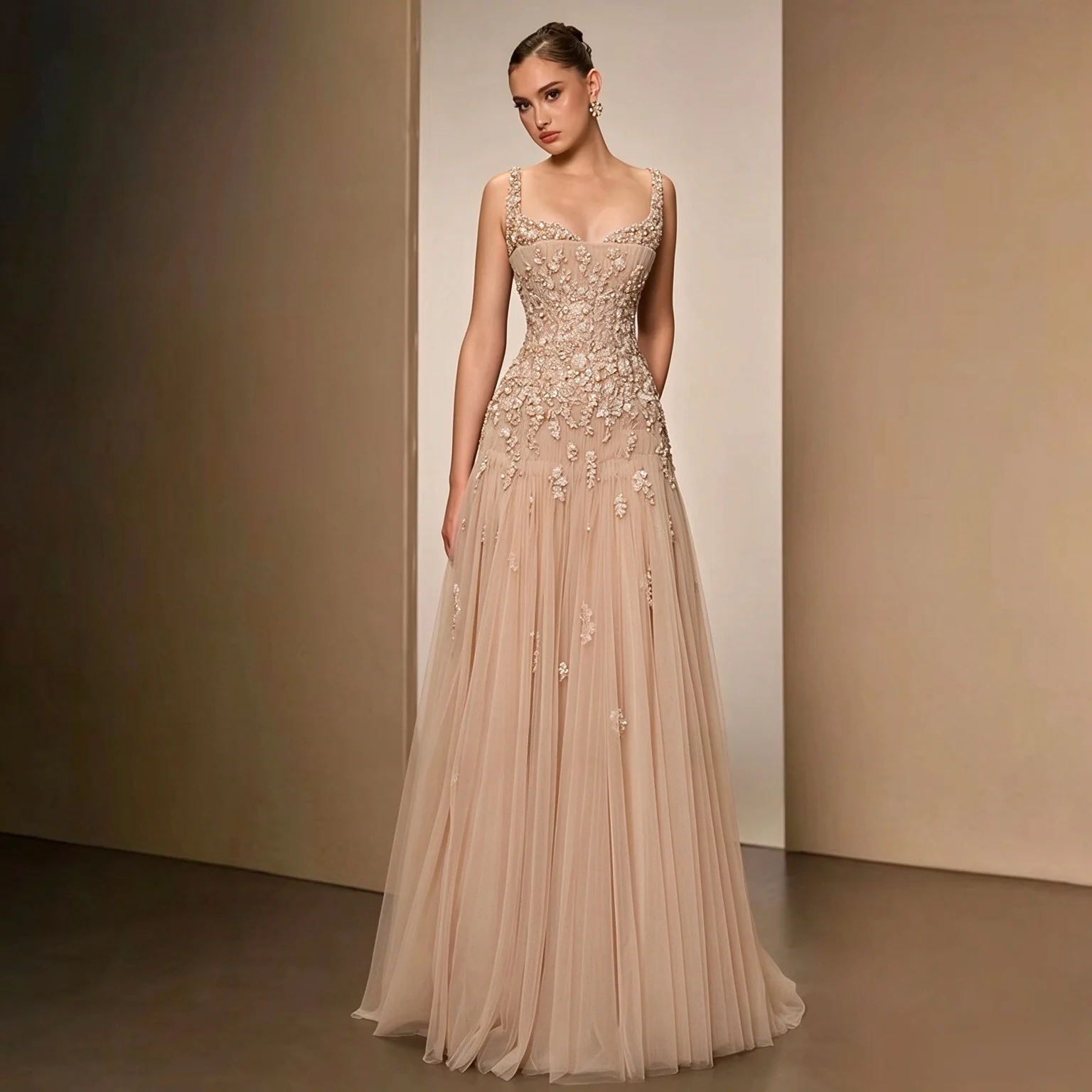 Couture Dress Store 2026 Customized Luxury Nude Spaghetti Strap Beaded A line Evening Dress Elegant Gown for Formal Occasion
